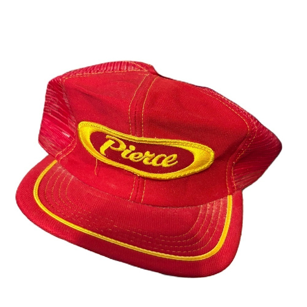 Vintage Pierce Equipment Red Yellow Robert Hersch Pierce Trucker Hat Made in USA